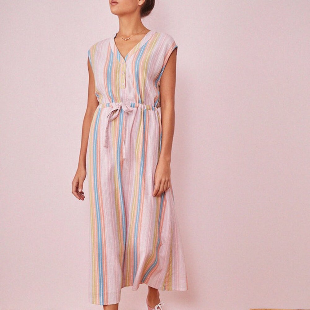 Des Petits Hauts Erico Striped Midi Dress Pastel Cotton Size 3 L